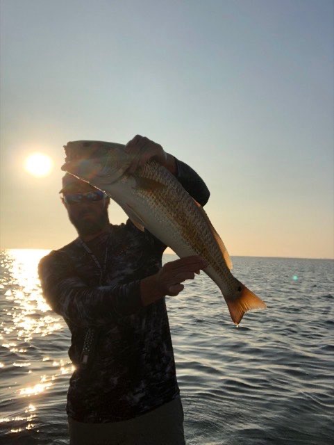 Redfish held up against the sunrise
