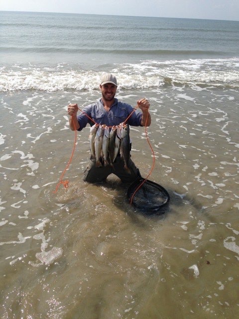 Wading angler with a stringer of trout in the surf
