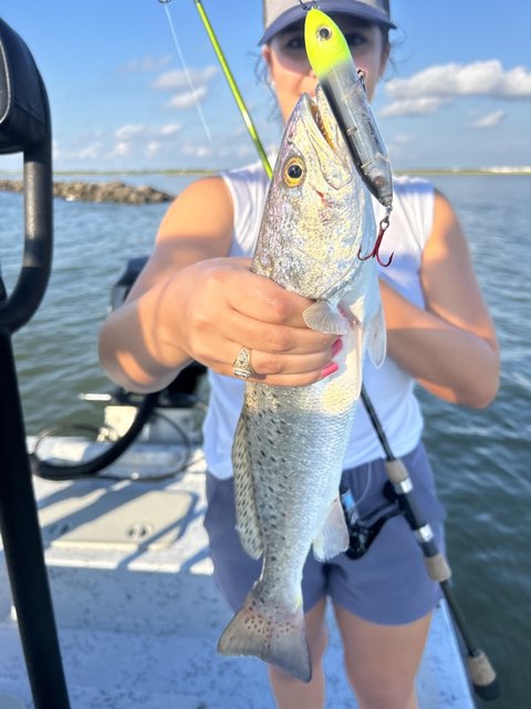 Angler holding up a speckled trout