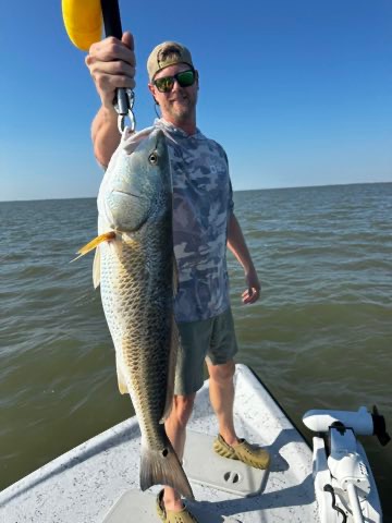 Angler on the bow holding up a big speckled trout