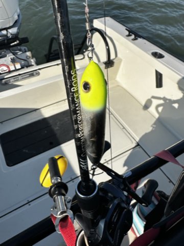Topwater plug hanging from the rod on the boat